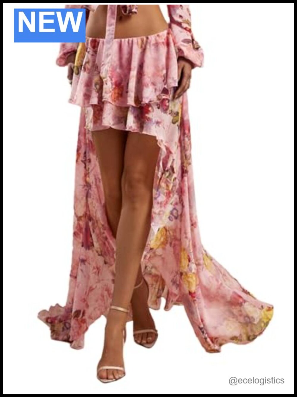 Women's Boho Floral Chiffon Ruffled Asymmetrical High Low Maxi Skirt